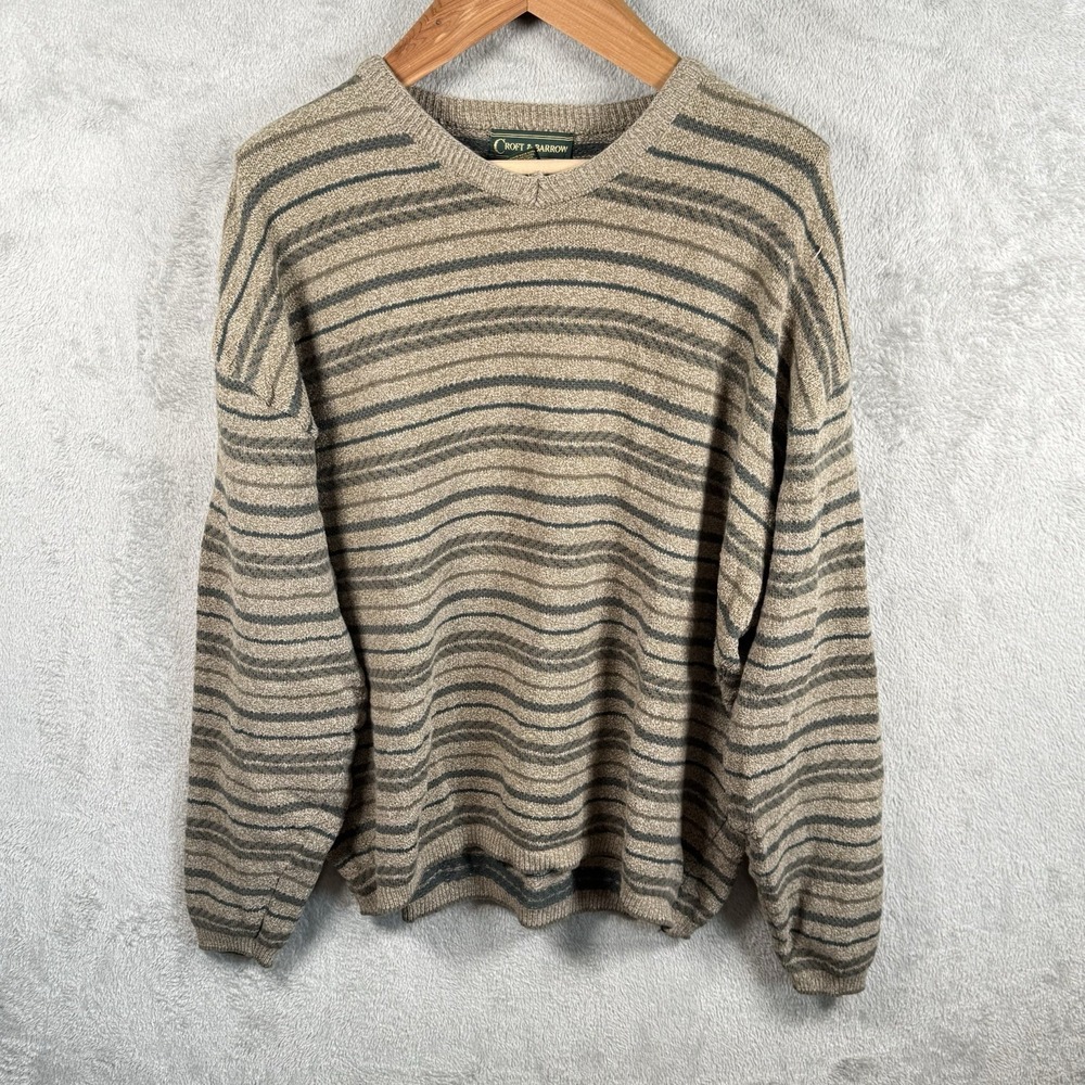 Croft & Barrow Grandpa Core Sweater Mens XXL Beige Stripe USA Made VTG 90s Retro